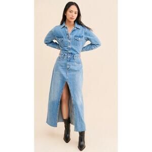 Anthro ZGY Sweeper Denim Maxi Dress L Button Front Long Sleeve Slit Blue